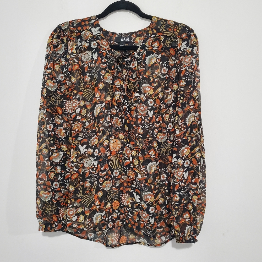 Floral Boho Sheer Blouse by ANA- Black and Orange Size Medium